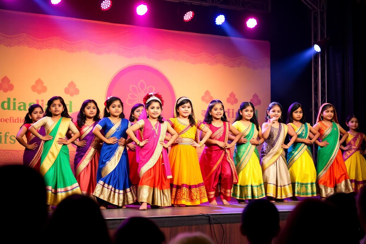 Children performing on stage in Bollywood costumes
