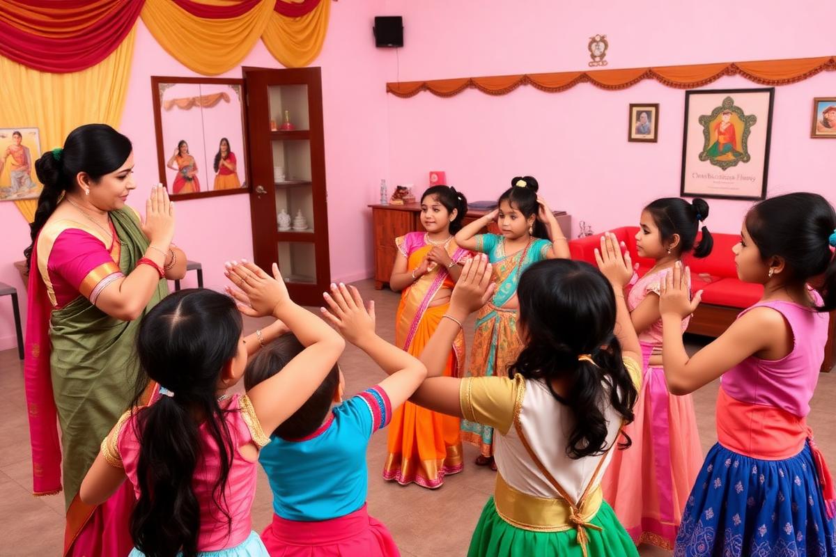 Dance class learning traditional hand gestures