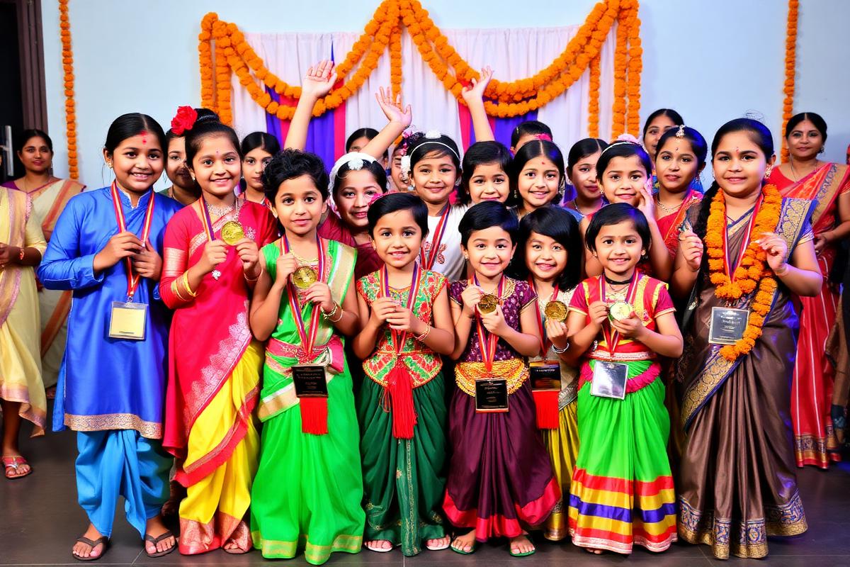 Young dancers celebrating with trophies